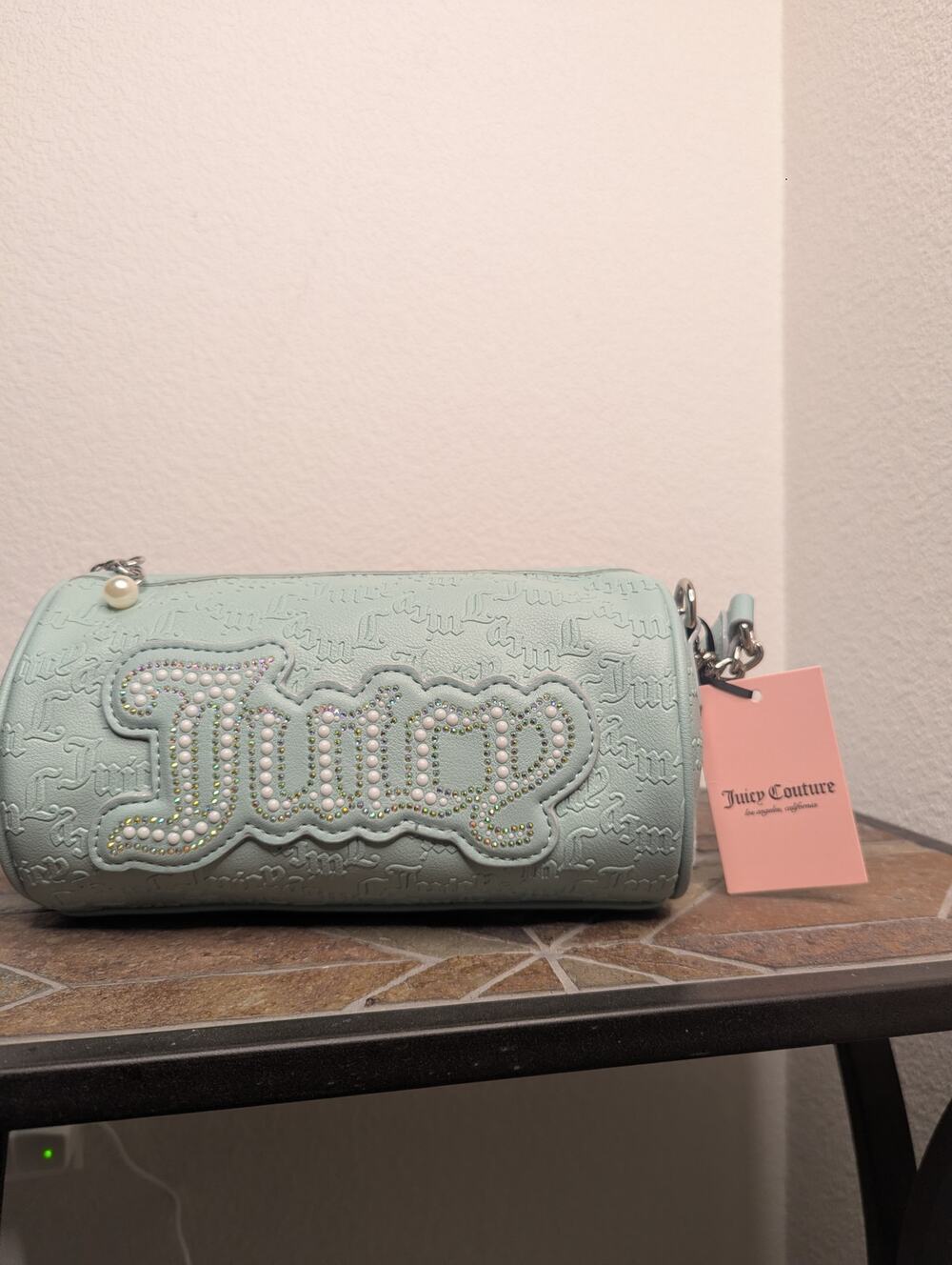 Juicy Couture NWT Blue String of Pearls Roll Bag Y2K Pearls Babydoll Chic Bling